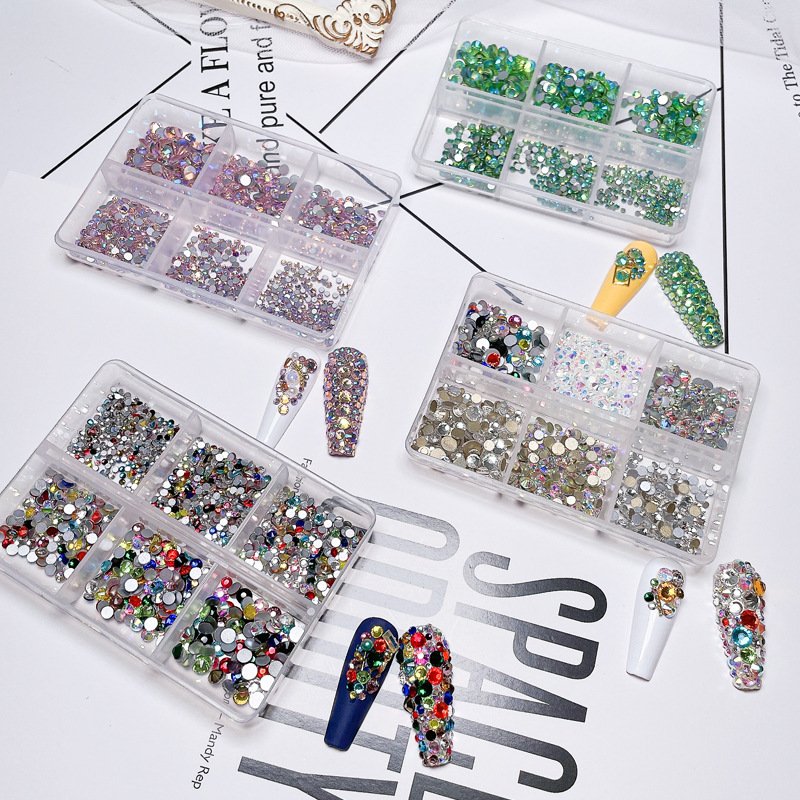 Hot Sale 6 Grid Flat Back Diamond Crystals Stone Nail Art Rhinestones Kit Press on Nails Set