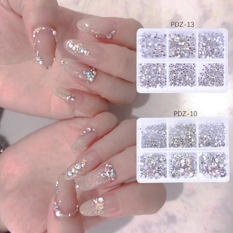 Hot Sale 6 Grid Flat Back Diamond Crystals Stone Nail Art Rhinestones Kit Press on Nails Set