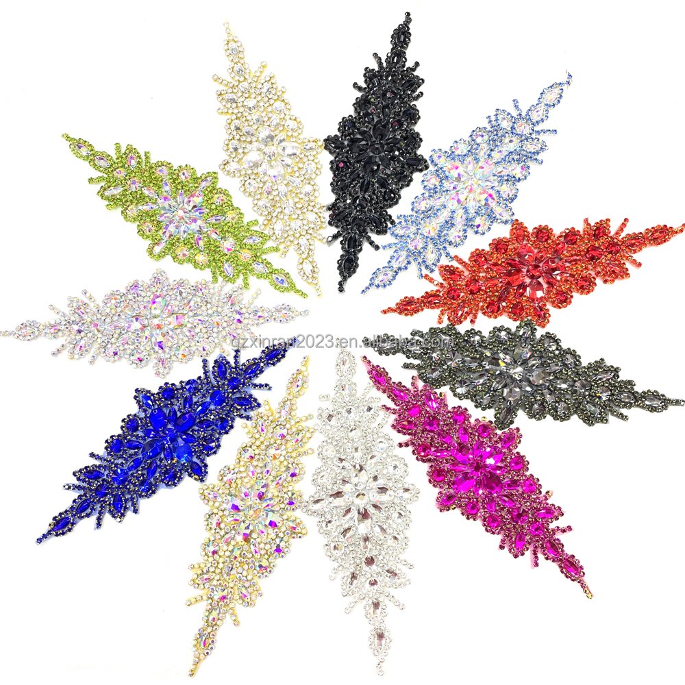 PE001 custom sparkling rhinestone flower applique iron on crystal appliques patch for decoration