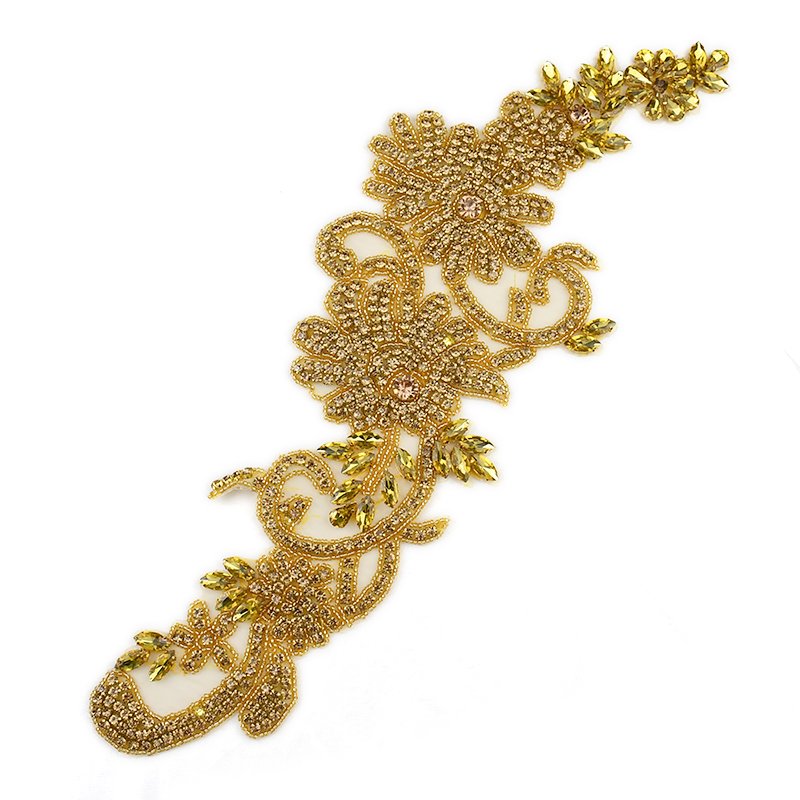 WRA-1006 Newest Design Floral Applique Patches Gold Rhinestone Applique Iron On Wedding Dress