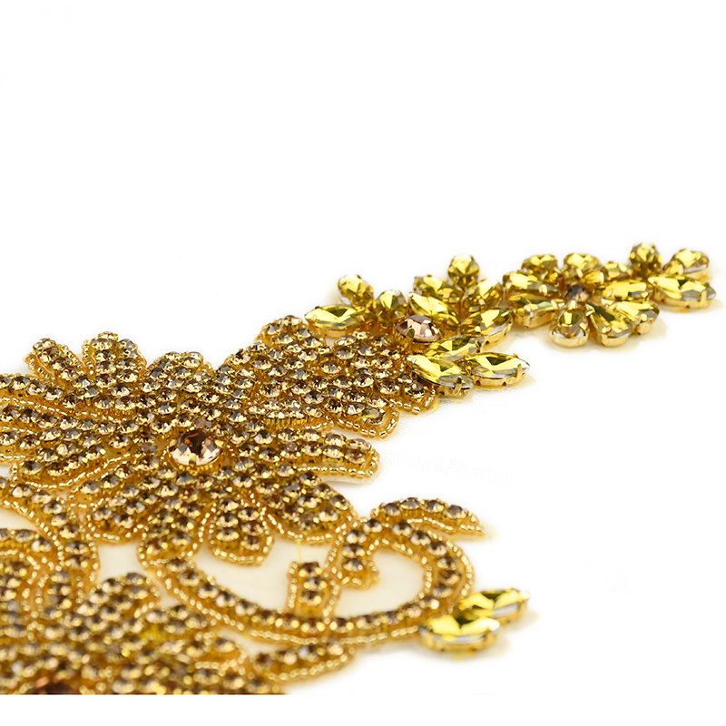 WRA-1006 Newest Design Floral Applique Patches Gold Rhinestone Applique Iron On Wedding Dress