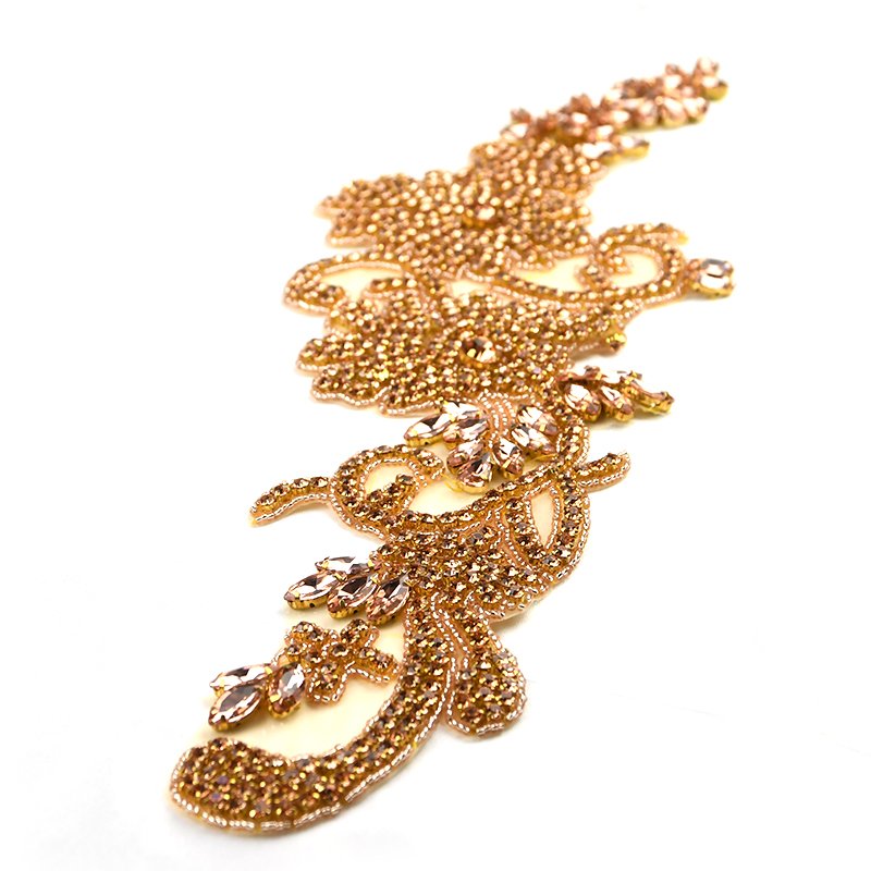 WRA-1006 Newest Design Floral Applique Patches Gold Rhinestone Applique Iron On Wedding Dress