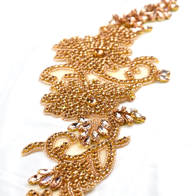 WRA-1006 Newest Design Floral Applique Patches Gold Rhinestone Applique Iron On Wedding Dress