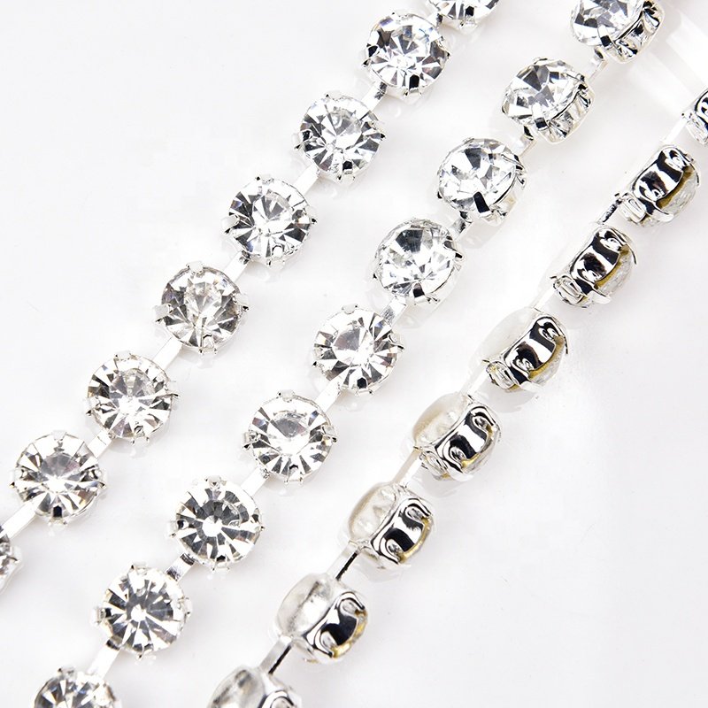 Glass Rhinestone Cup Chain SS38 8mm Crystal Trim Strass In Silver Plating Setting Sew on Garment Shoes Hats Bags Accessories