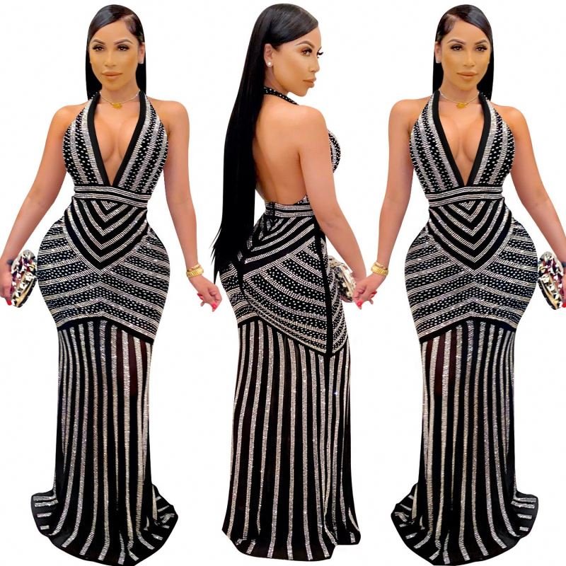 YP Fashion sexy deep V Backless nightclub party formal dress solid color rhinestone see-through tight dress for women
