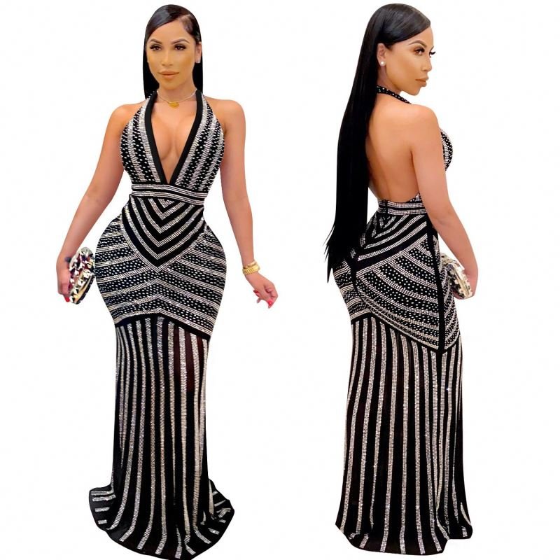 YP Fashion sexy deep V Backless nightclub party formal dress solid color rhinestone see-through tight dress for women