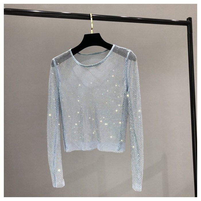 Sexy mesh perspective y2k bright bottoming shirt mesh rhinestone shiny openwork blouse woman