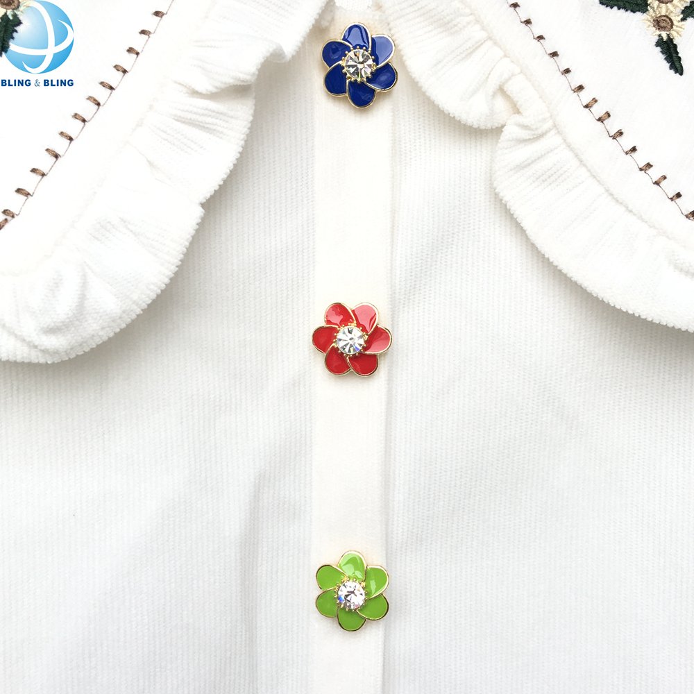 Ground Breaking Button Ornament Royal Blue Enamel Flower Rhinestone Button Covers Blouses Cufflink For Women Fall Fashion Shirt