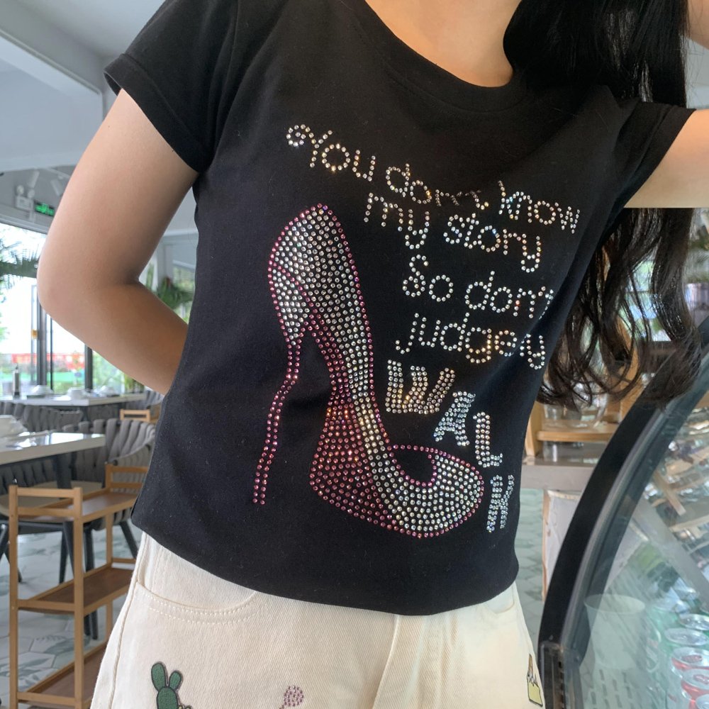 Wholesale Custom Rhinestone Designs, women bling rhinestone T shirts