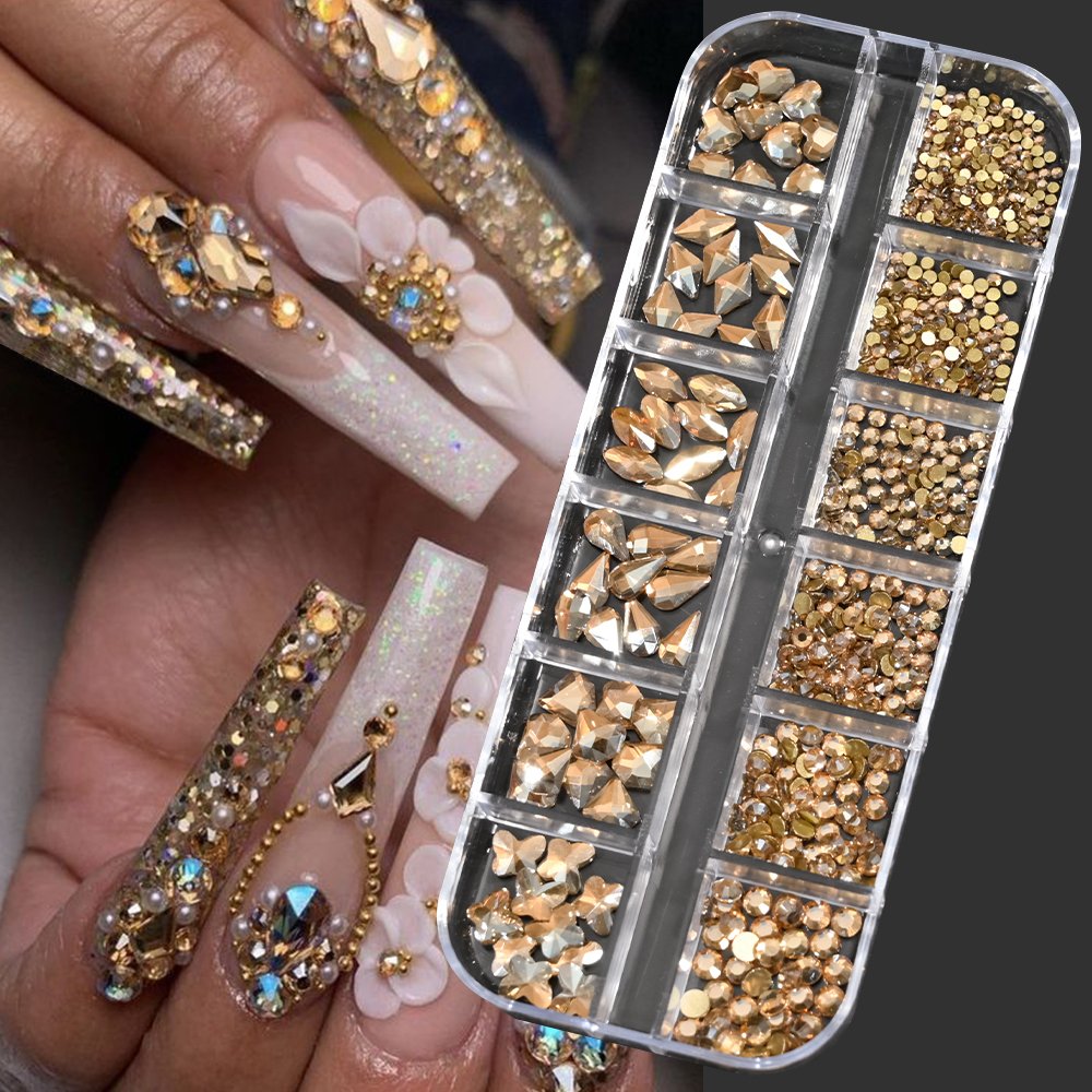 12Gird AB Crystal Nail Rhinestones Charms Flatback Mixed Shape Stones Nail Diamond Jewelry Set for Nail Art Decorations PH140