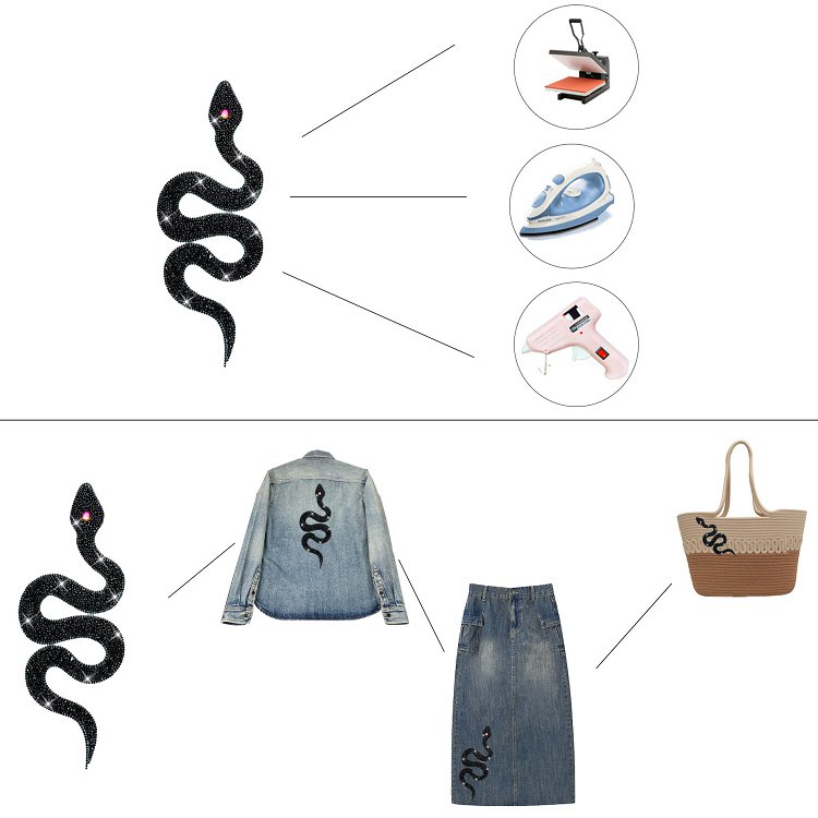 Wholesale hot fix DIY rhinestones beaded applique iron on patch clothing accessories large snake rhinestone patches for clothes