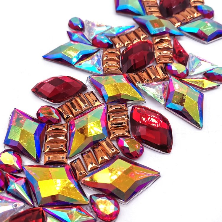 customized carnival costume handmade sewing acrylic rhinestone appliques patch gel back red AB iridescent appliques iron on