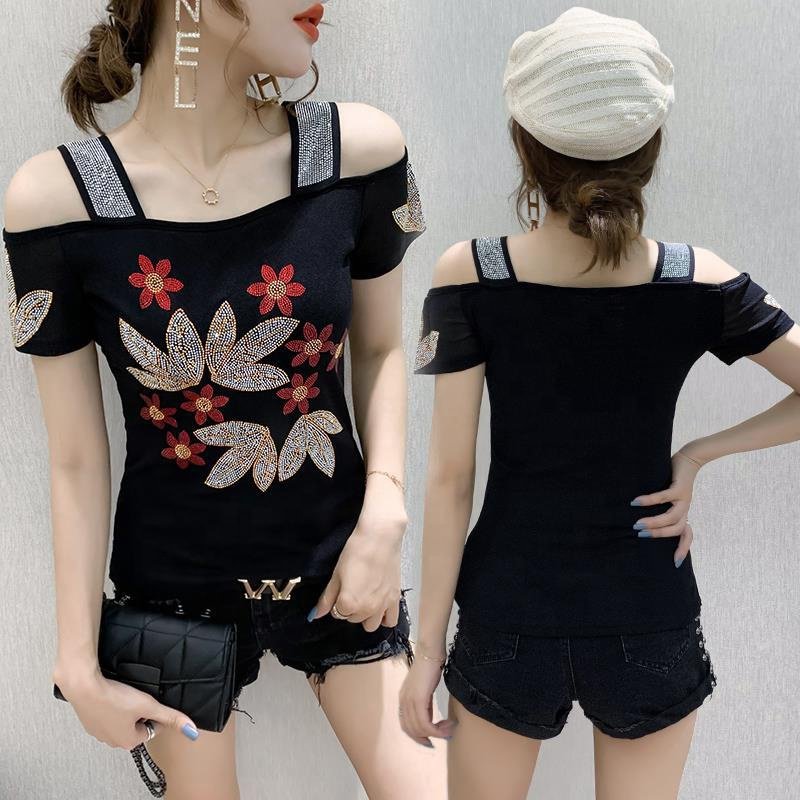 Women's Sexy Slim Knit Cotton Casual T-Shirts with Floral Rhinestone and Shiny Sequins Short Sleeve Nightclub Party Shirts Tops