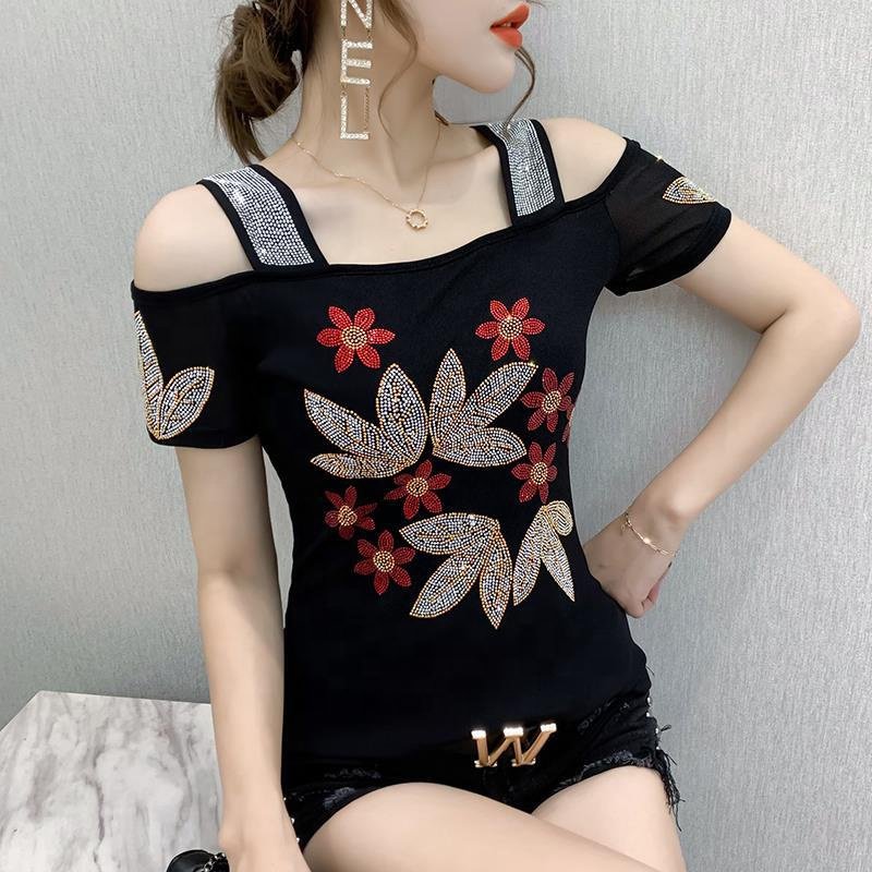 Women's Sexy Slim Knit Cotton Casual T-Shirts with Floral Rhinestone and Shiny Sequins Short Sleeve Nightclub Party Shirts Tops
