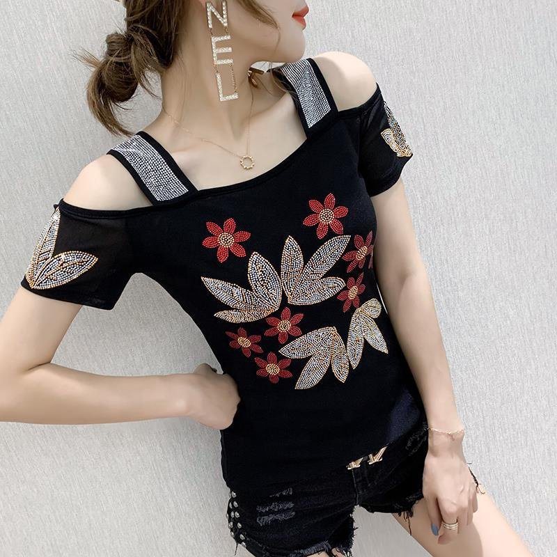 Women's Sexy Slim Knit Cotton Casual T-Shirts with Floral Rhinestone and Shiny Sequins Short Sleeve Nightclub Party Shirts Tops
