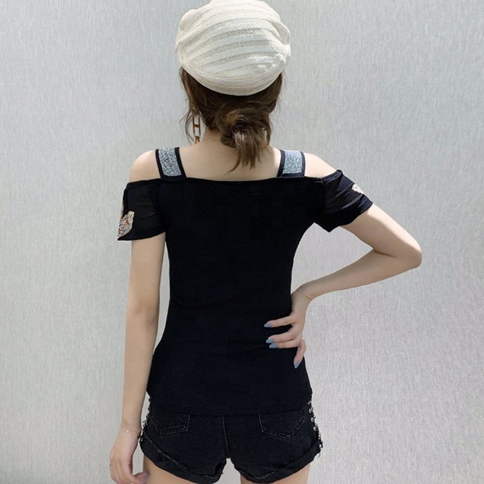 Women's Sexy Slim Knit Cotton Casual T-Shirts with Floral Rhinestone and Shiny Sequins Short Sleeve Nightclub Party Shirts Tops