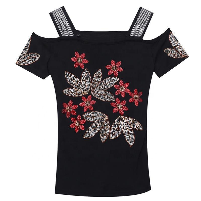 Women's Sexy Slim Knit Cotton Casual T-Shirts with Floral Rhinestone and Shiny Sequins Short Sleeve Nightclub Party Shirts Tops