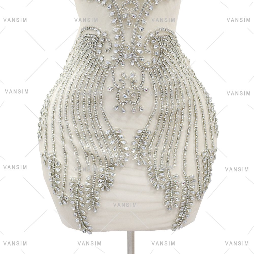 New Design Dangle Crystal Beading Bodice Rhinestone Applique Wholesale Dold Bridal Lace Applique Patch For Bridal