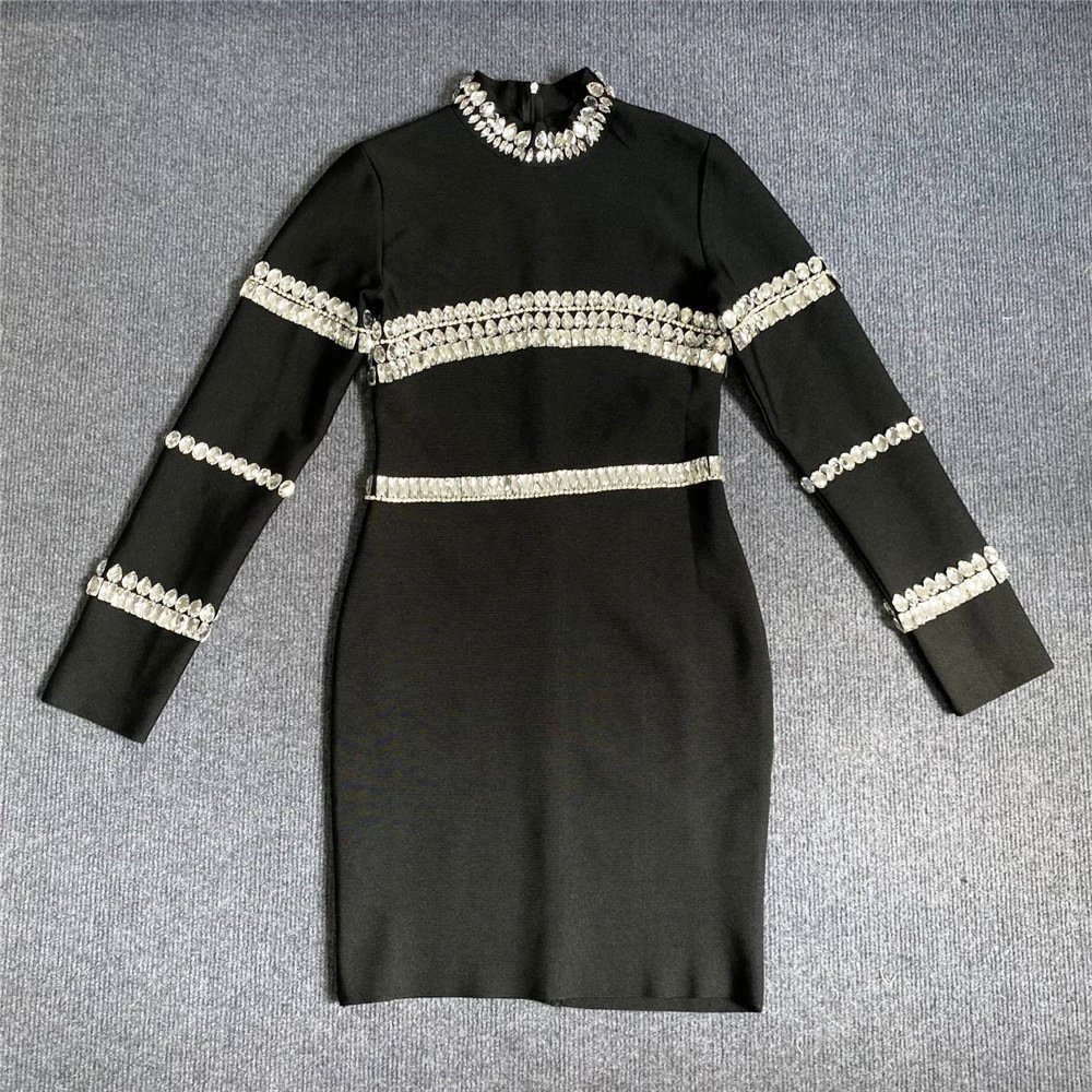 Wholesale new 2024 spring and autumn fashion rhinestone bandage dress elegant temperament tight hip celebrity party dress dress