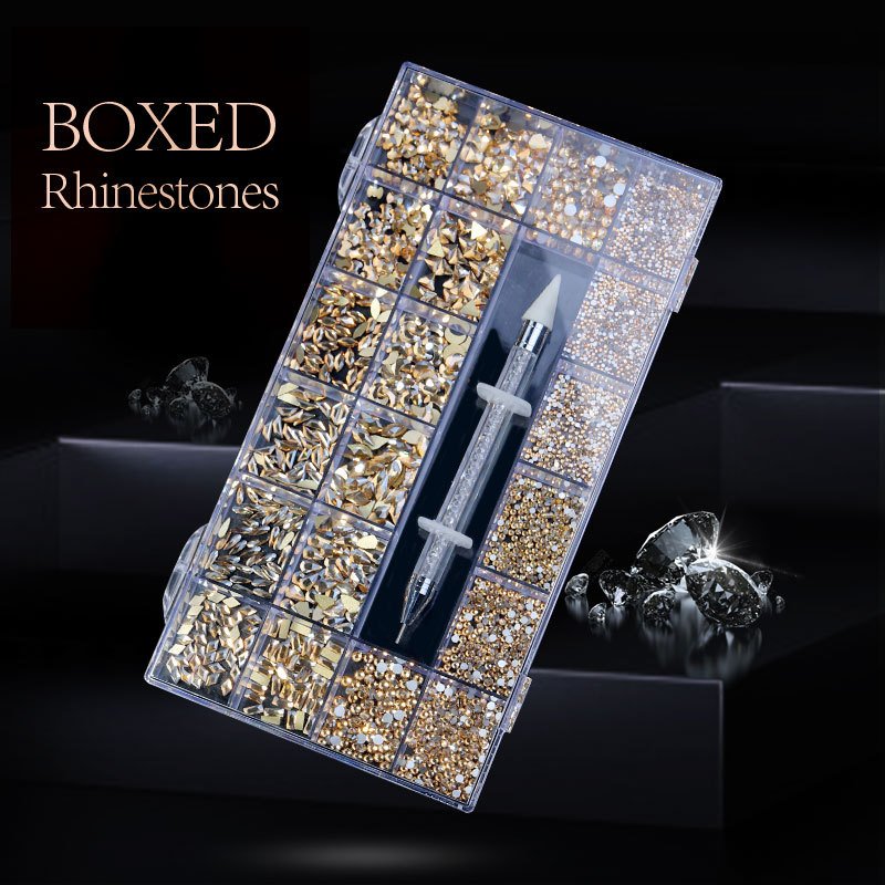 Shimmering 21-Grid Glass Nail Art Rhinestone Set champagne AB Color Professional Dotting Pen Dazzling Gems For nails decoration