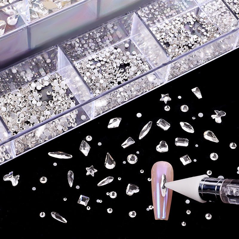 Shimmering 21-Grid Glass Nail Art Rhinestone Set champagne AB Color Professional Dotting Pen Dazzling Gems For nails decoration