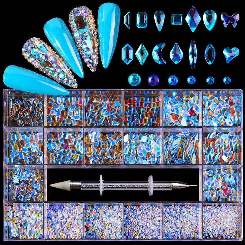 Shimmering 21-Grid Glass Nail Art Rhinestone Set champagne AB Color Professional Dotting Pen Dazzling Gems For nails decoration