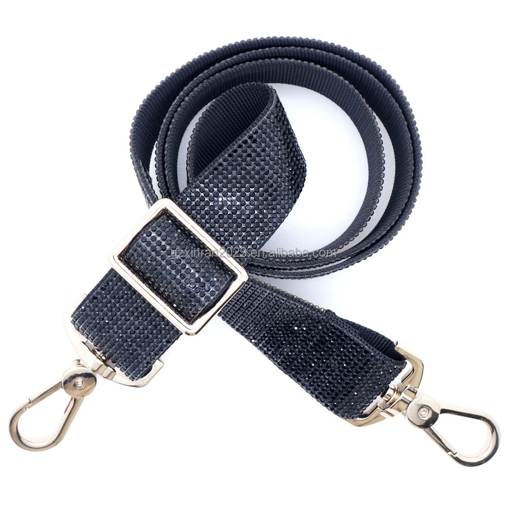 Sp006 new rhinestone black nylon adjustable bag strap cross body bag strap with crystal