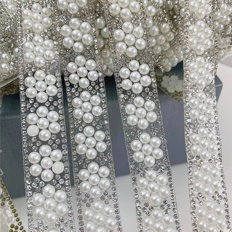 2023 BlingBling pearl hotfix pearls and rhinestones diamonds mesh trimming for clothing