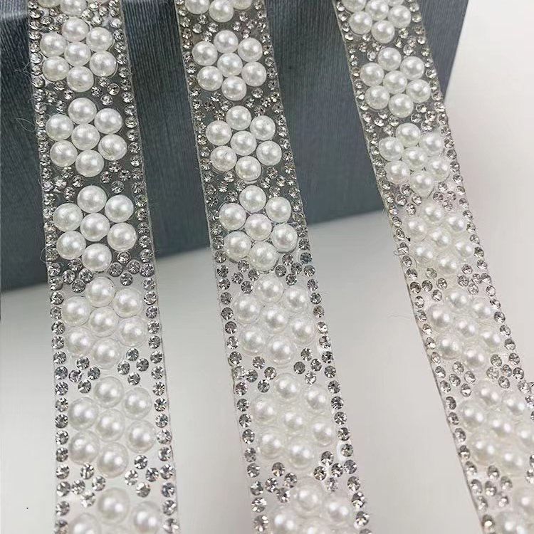 2023 BlingBling pearl hotfix pearls and rhinestones diamonds mesh trimming for clothing
