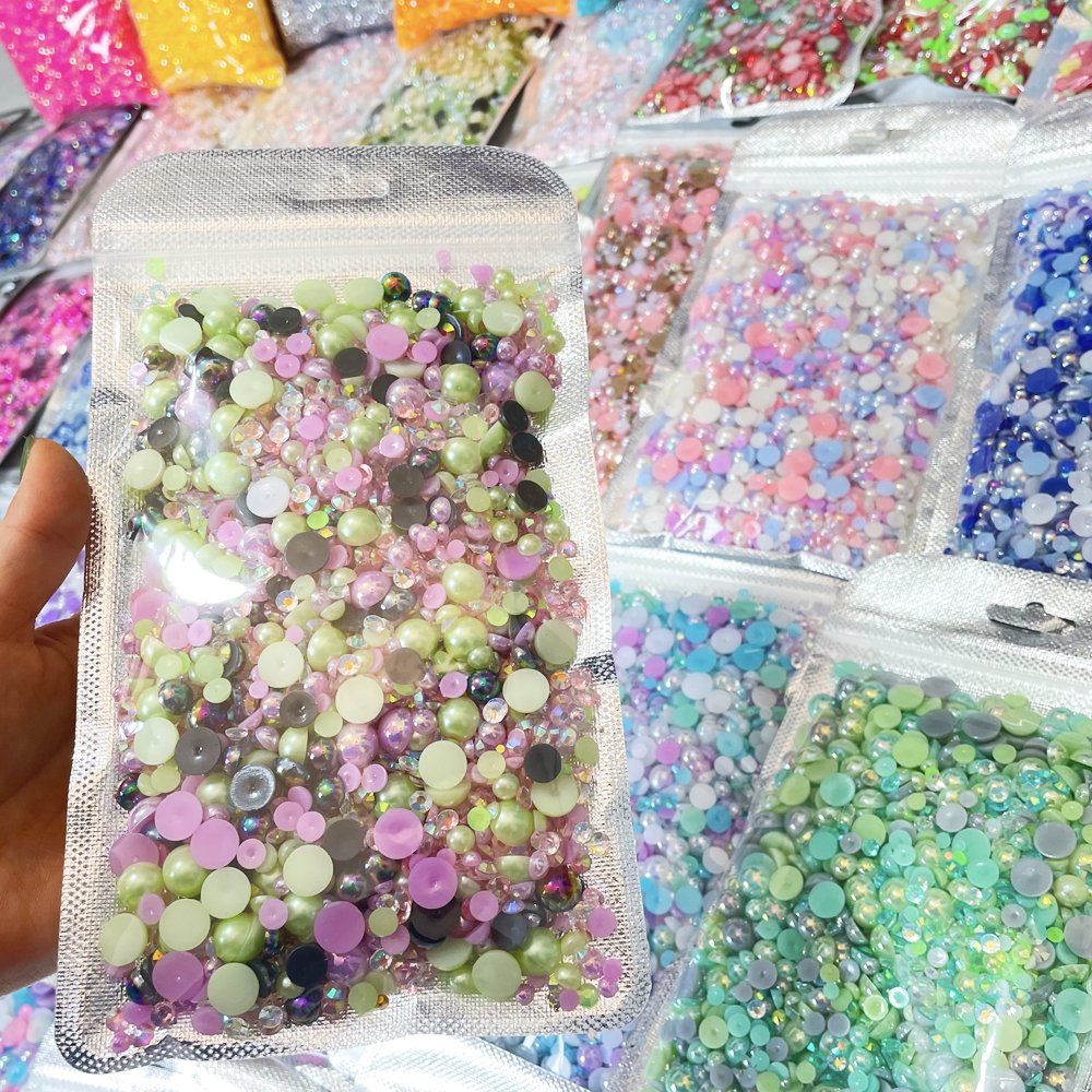 Hot Sale Customized OEM 150g/4500pcs Half Round Varies ABS Plastic Beads Resin Flat Back Pearl Rhinestone Mix Resin Rhinestone