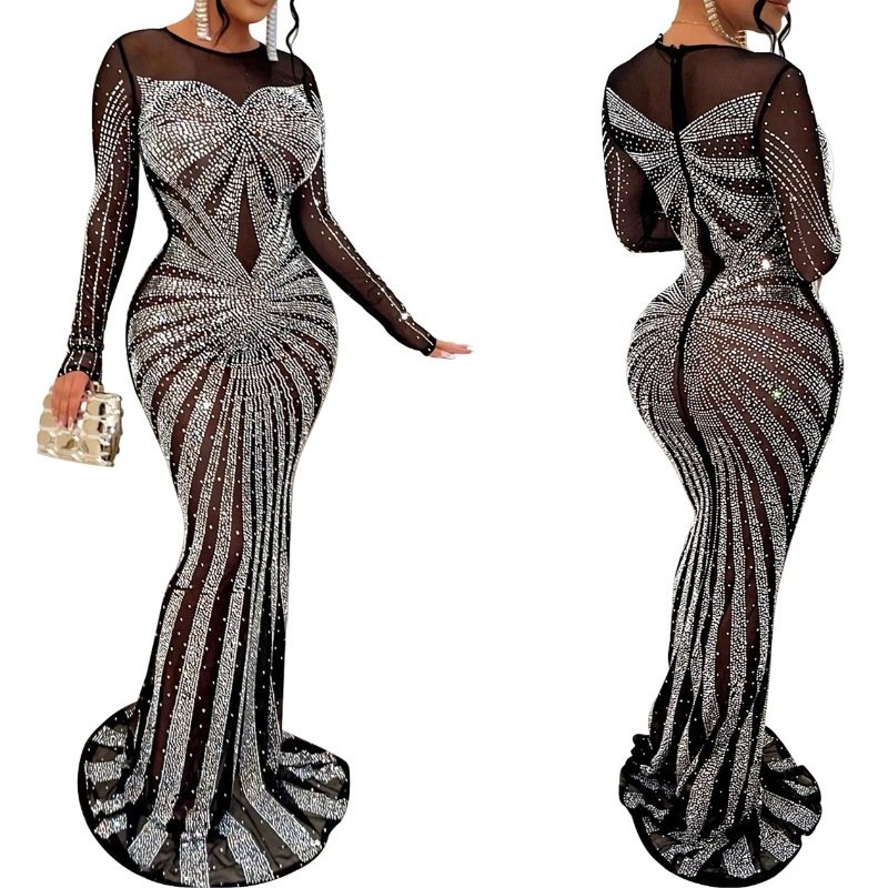 Elegant Long Women's Clothing 2024 Woman Cocktail Dress Elegant Rhinestone Dress High Quality