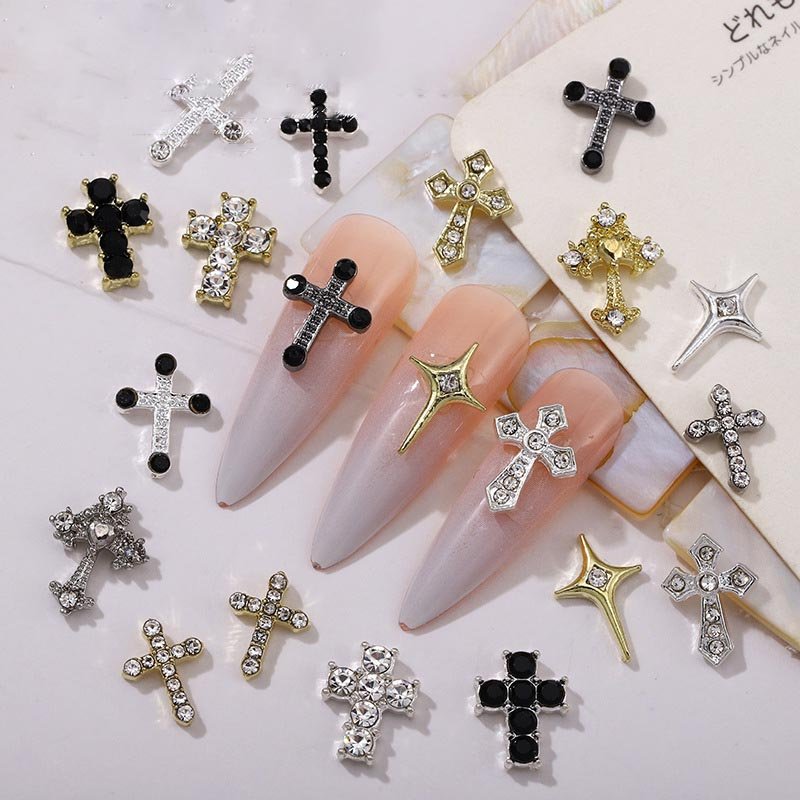3D Alloy Cross Luxury Nail Charms Pearl Gemstone Diamond Metal Crystal Rhinestones Nail Decor DIY