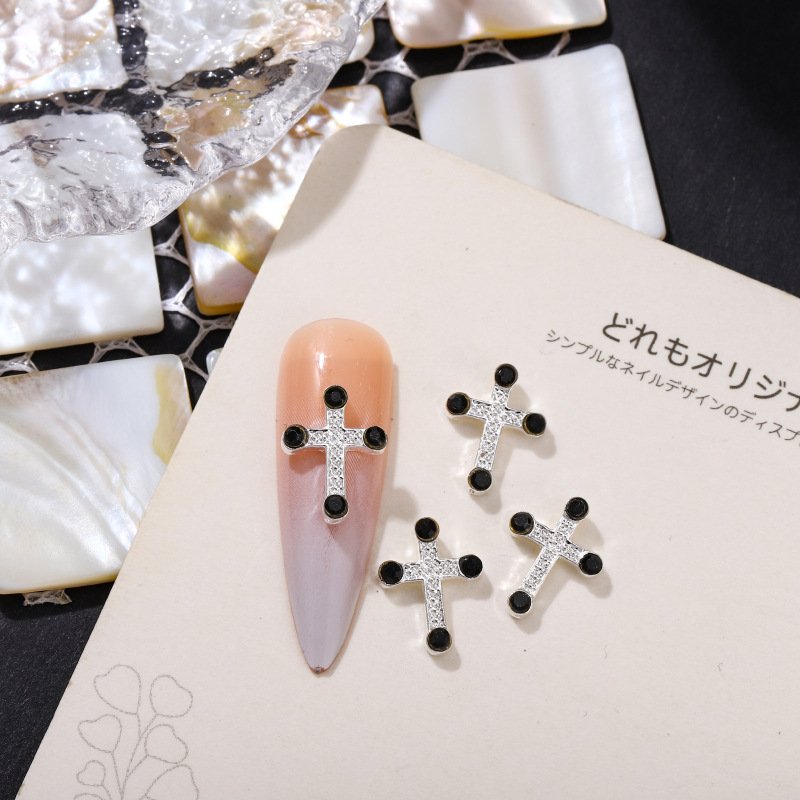 3D Alloy Cross Luxury Nail Charms Pearl Gemstone Diamond Metal Crystal Rhinestones Nail Decor DIY