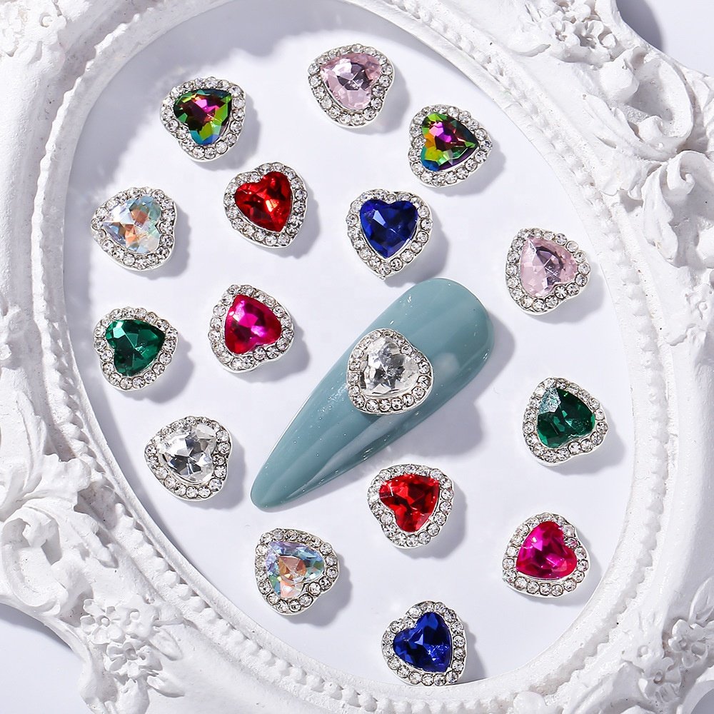 wholesale love heart diamond nail charms for manicure decorations alloy colorful rhinestone accessories