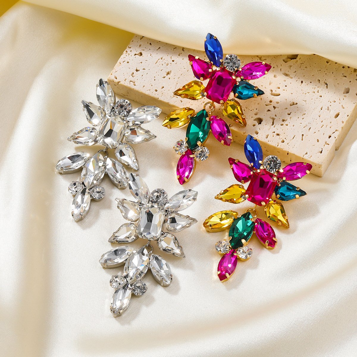 Copper Earrings Europe and America Colored Diamond Earrings Female Trend Exaggerated Rhinestones Floral Bride Accessories