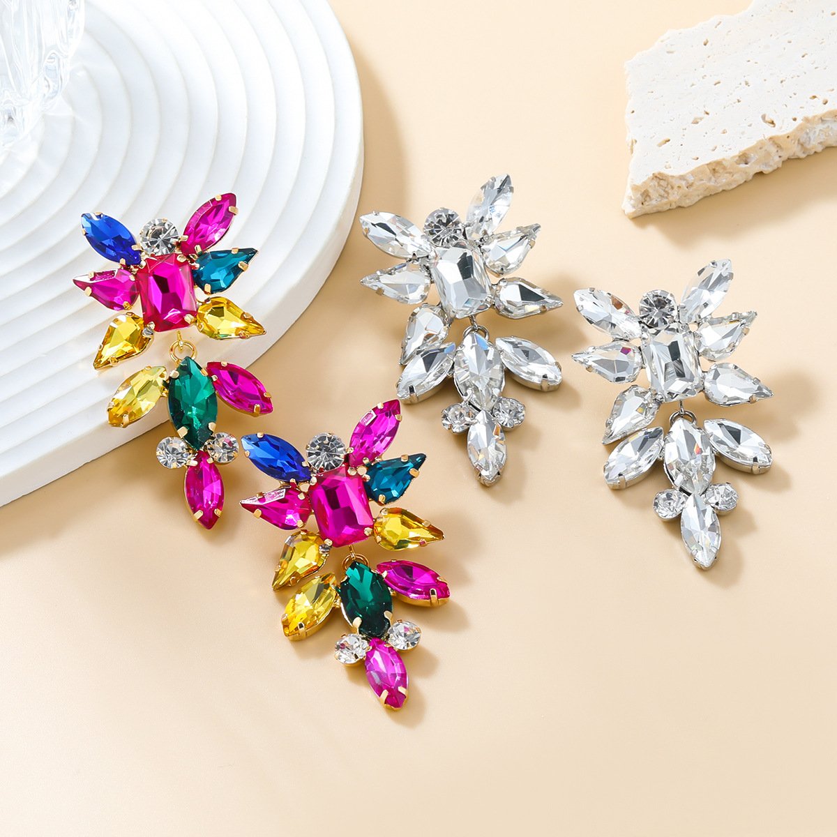 Copper Earrings Europe and America Colored Diamond Earrings Female Trend Exaggerated Rhinestones Floral Bride Accessories