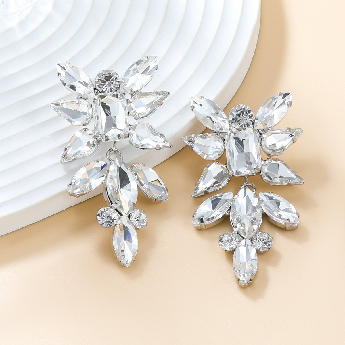 Copper Earrings Europe and America Colored Diamond Earrings Female Trend Exaggerated Rhinestones Floral Bride Accessories