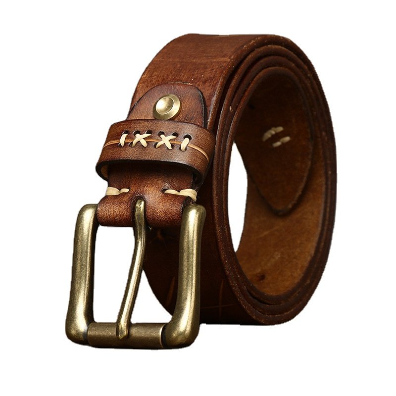 men's belt Full Grain Leather Washed retro trend personalized cool top layer leather needle Copper buckle waist belt men's style