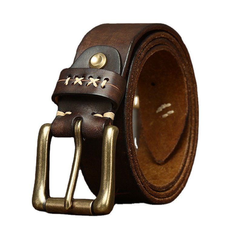 men's belt Full Grain Leather Washed retro trend personalized cool top layer leather needle Copper buckle waist belt men's style