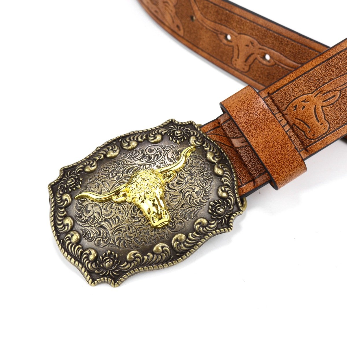 Western Style PU Leather Belt with Cow Head Buckle Retro Punk Trend for Young Men Denim Inspired