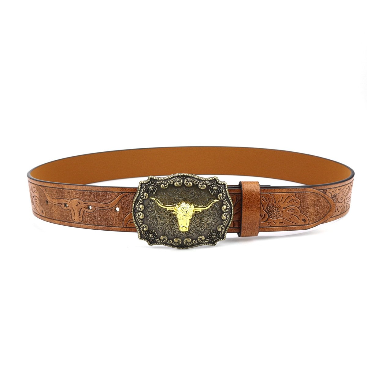 Western Style PU Leather Belt with Cow Head Buckle Retro Punk Trend for Young Men Denim Inspired