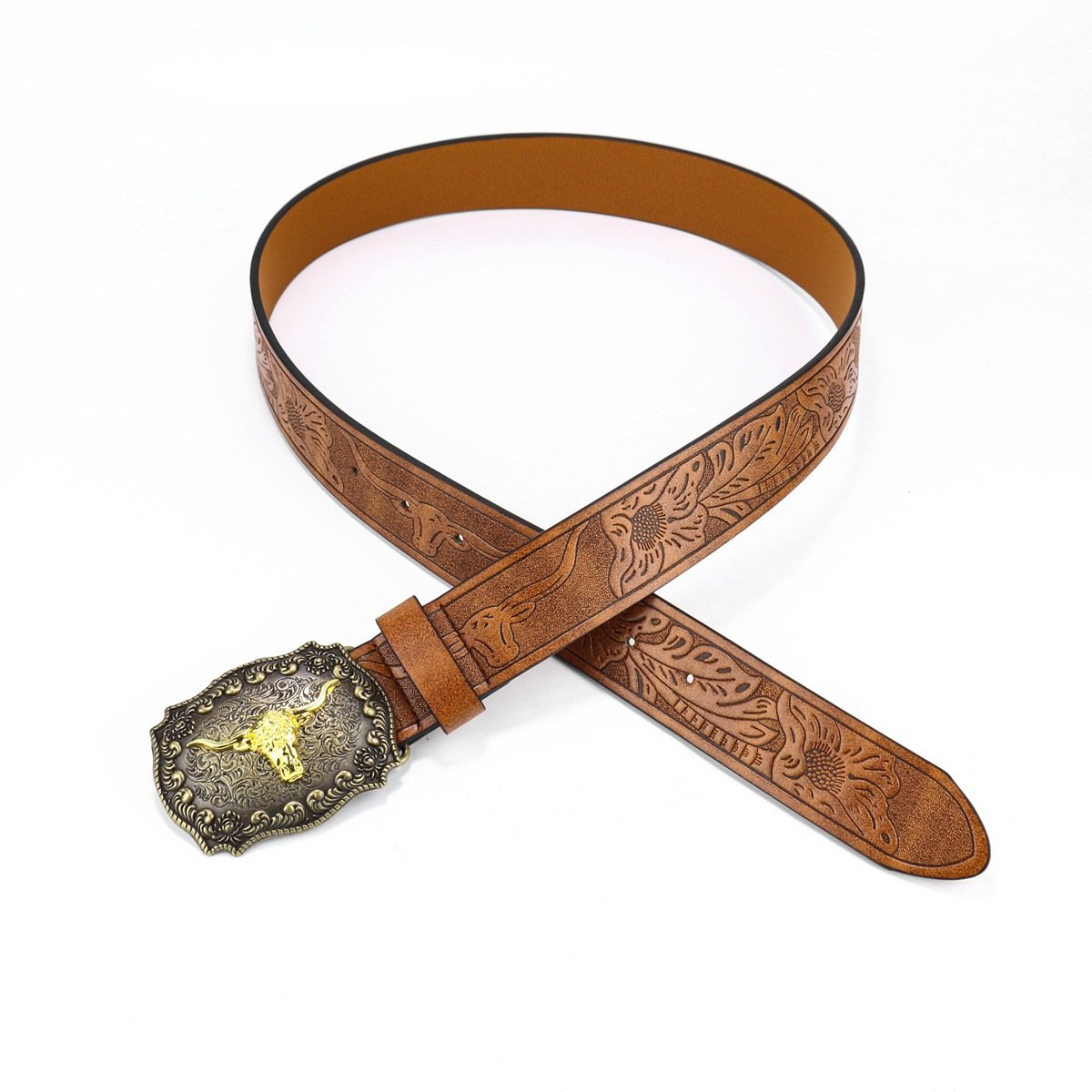 Western Style PU Leather Belt with Cow Head Buckle Retro Punk Trend for Young Men Denim Inspired
