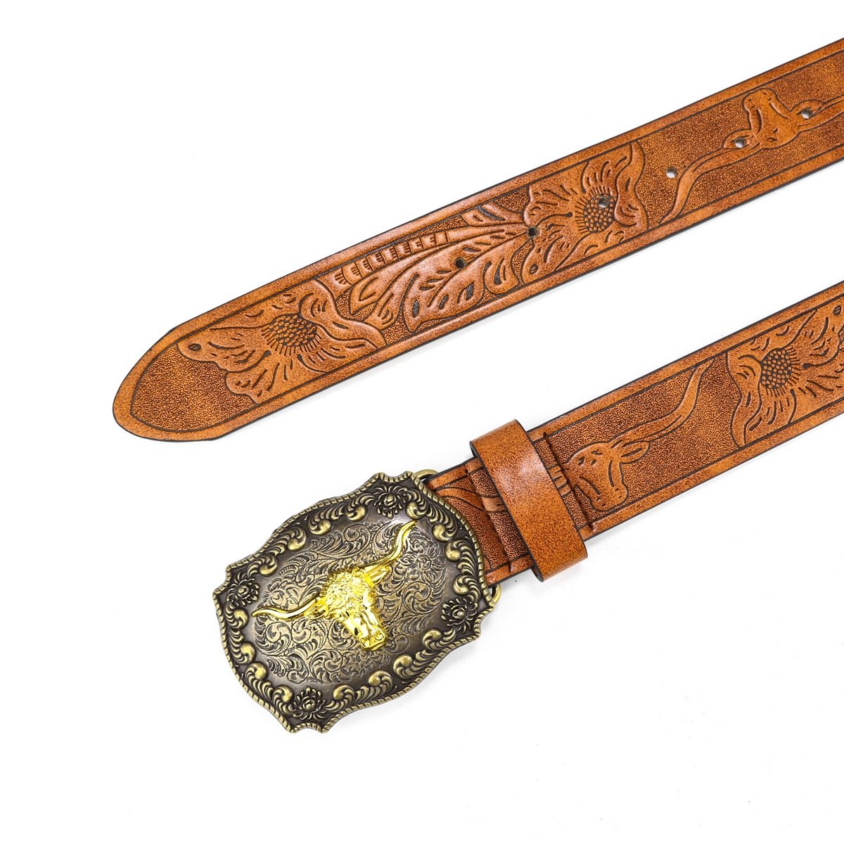 Western Style PU Leather Belt with Cow Head Buckle Retro Punk Trend for Young Men Denim Inspired