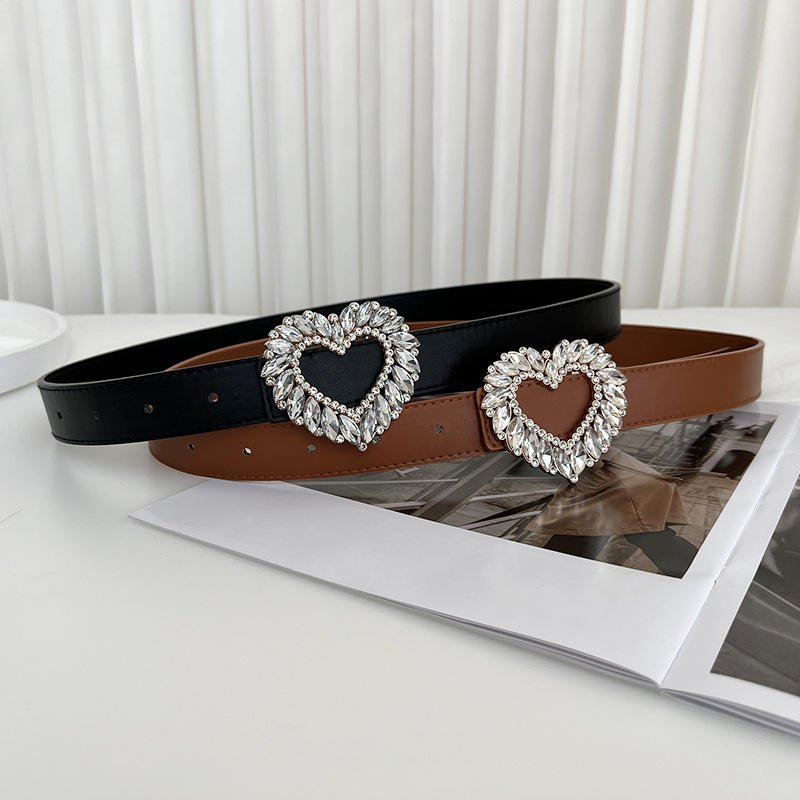 Low Price White Crystal Inlaid Hollow Heart Buckle Pu Leather Belts Available