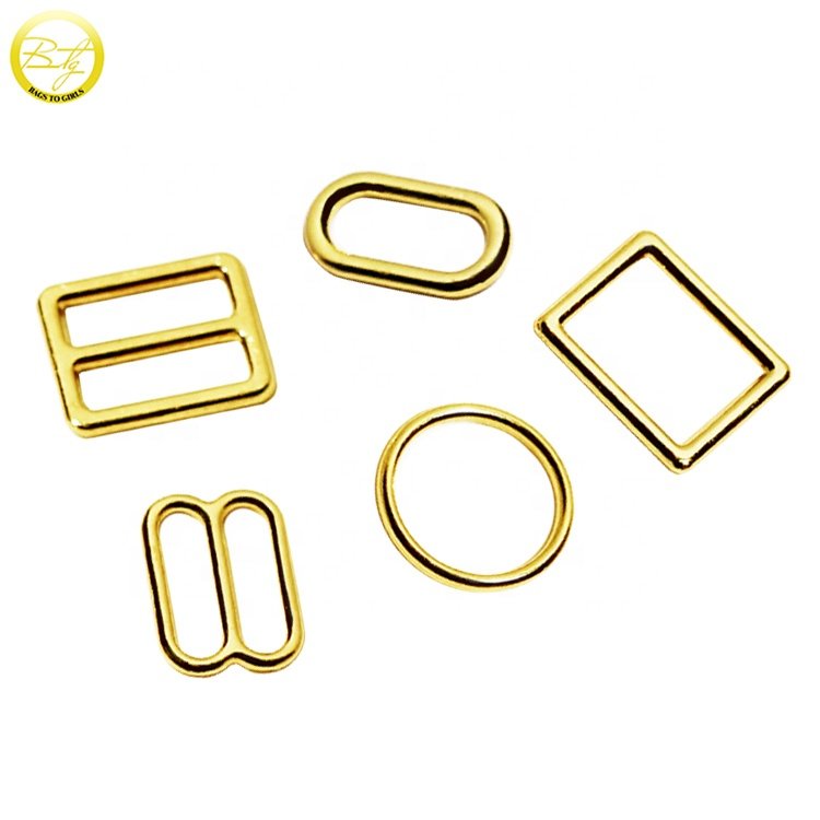Wholesale bra hardware factory gold plated lingerie accessory adjuster buckle square clasps metal round rings for bikini