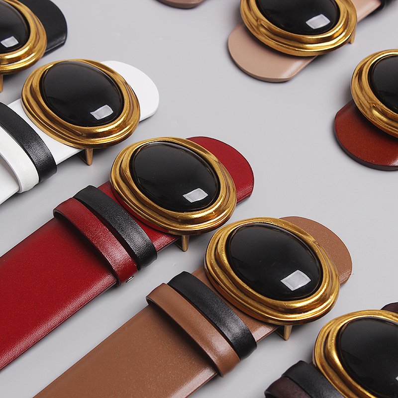 Luxury Black Big Gemstone Buckle Double Sided Wide Genuine Leather Belt Decorative Dress Belt Jeans Waist Belt For Women