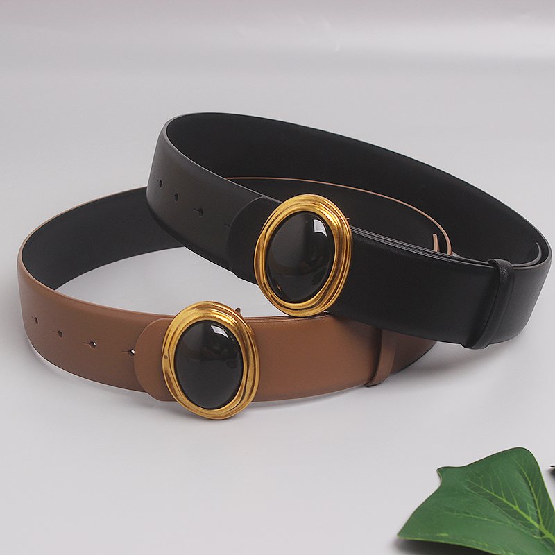 Luxury Black Big Gemstone Buckle Double Sided Wide Genuine Leather Belt Decorative Dress Belt Jeans Waist Belt For Women