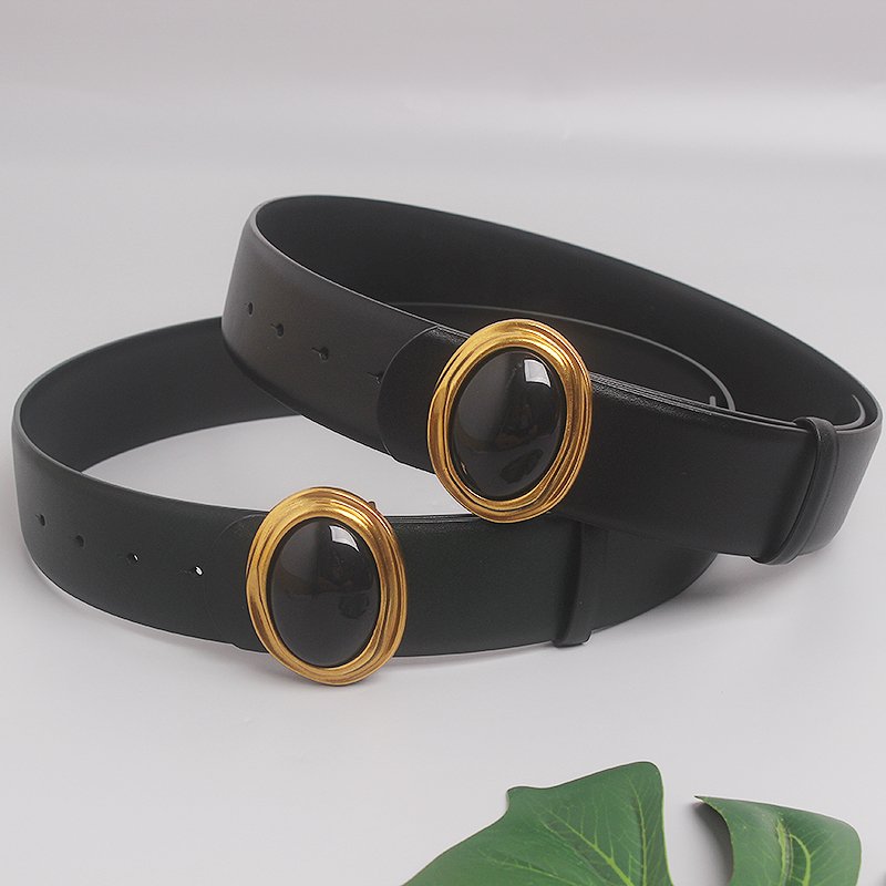 Luxury Black Big Gemstone Buckle Double Sided Wide Genuine Leather Belt Decorative Dress Belt Jeans Waist Belt For Women