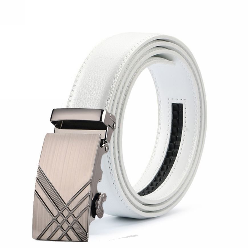 Business Style Leather Men Automatic Buckle Belt White Leather Belt