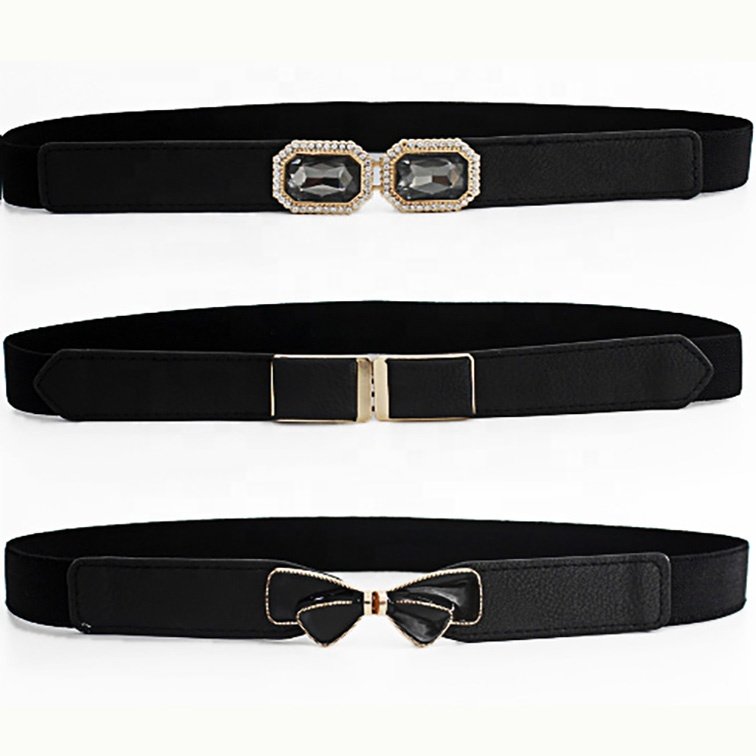 Fashion Bowknot Pattern Buckle PU Stretch Skinny Comfortable Thin Elastic Waist Belt For Ladies Dress Skirts